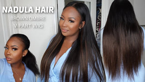 24" Chestnut Brown Ombre Yaki Straight V Part Wig